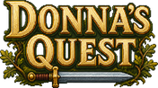 Donna's Quest, the game logo, in gold pixel letters on a wreath of leaves with a sword underneath.