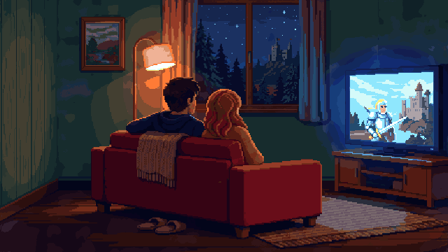 Pixel art living room at night. A man and a woman sit on a red couch with their backs to us. Donna, a black and tan dachshund, sits on the armrest beside them. On the TV a knight in silver armour raises a sword in front of a castle. A lamp glows on the left and another castle shows through the window.