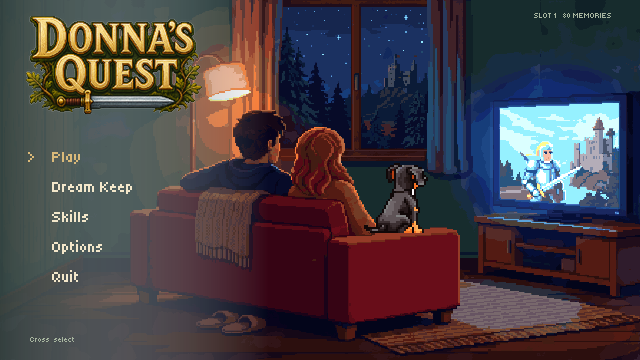 The title screen of Donna's Quest: the living room, the couple on the couch, Donna on the armrest, and the menu with Play, Dream Keep, Skills, Options and Quit.